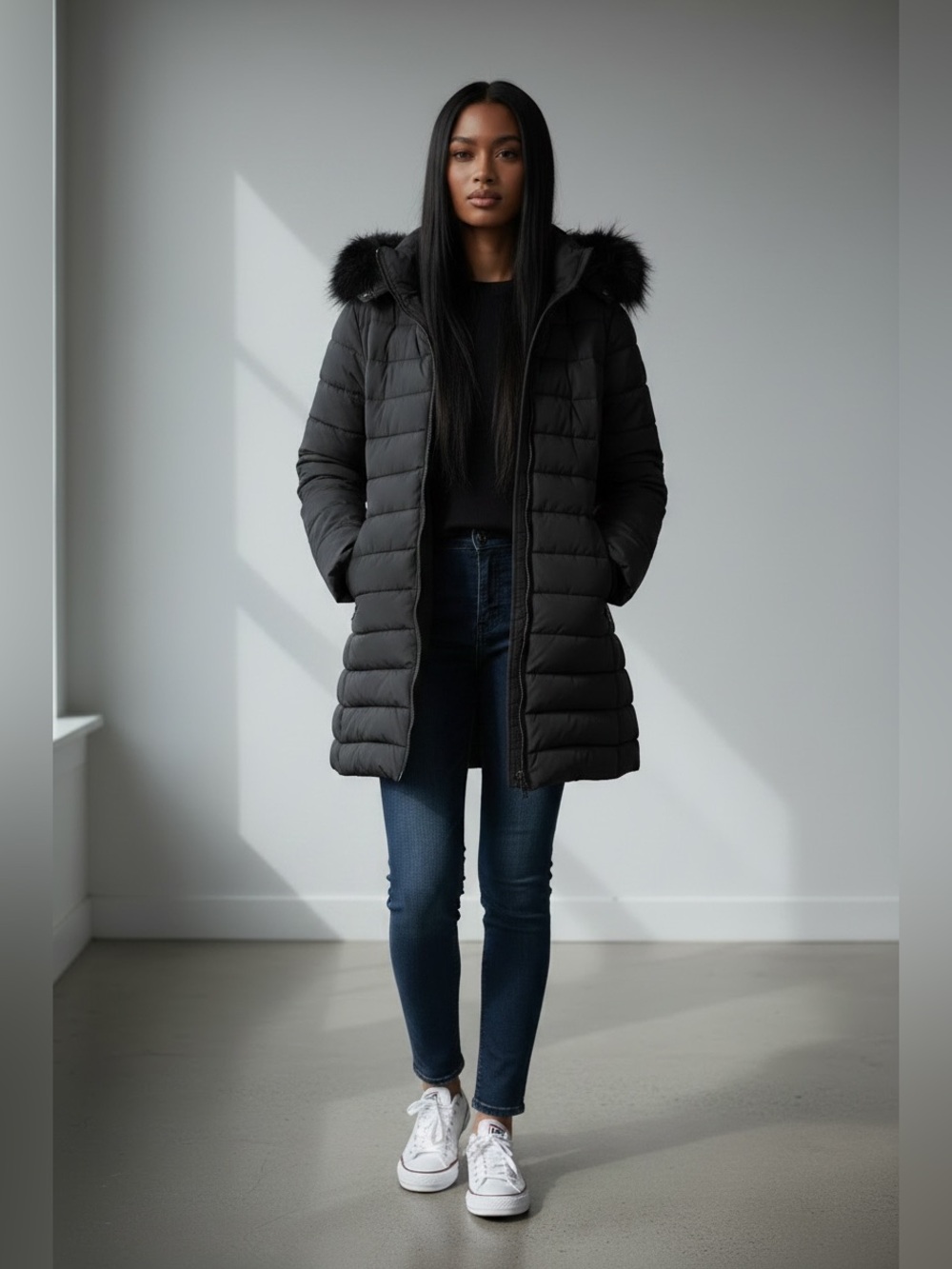 Women’s Black Hooded Long Puffer Coat with Faux Fur Trim